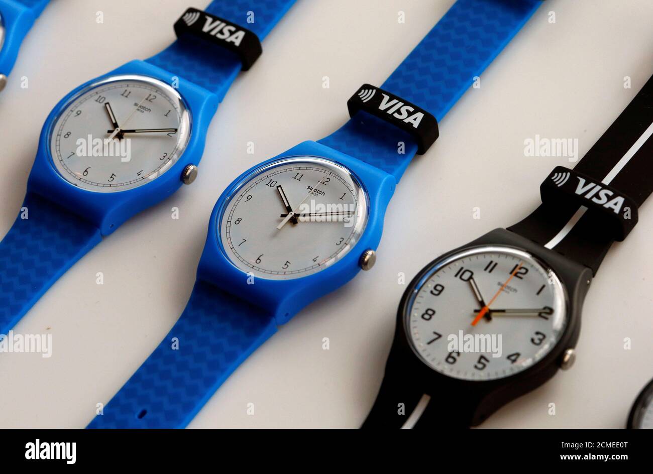 Swatch Bellamy watches, usable for pay-by-the-wrist contactless payments  via Visa credit card system, are shown during a presentation of Swiss watch  manufacturer Swatch in Zurich, Switzerland June 16, 2016. REUTERS/Arnd  Wiegmann Photo
