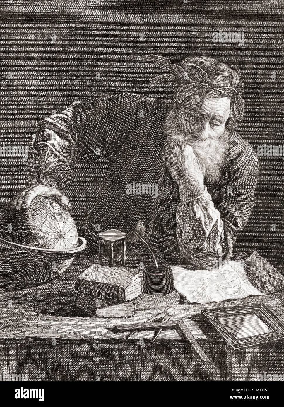 Archimedes de Syracuse, c. 287 – c. 212 C.-B. Mathématicien, physicien, ingénieur, inventeur et astronome grec. D'une gravure du XVIIe siècle éventuellement par Domenico Fetti. Banque D'Images