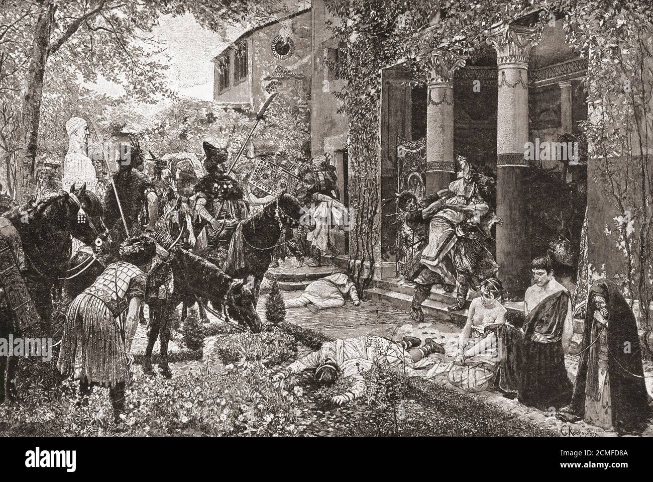 Une villa romaine en Gaule, mise à sac par les hordes d'Attila le Hun. Attila le Hun, c. 406 - c. 453. Après une illustration dans l'histoire des plus grandes nations, publiée 1901 - 1906 par l'artiste français Georges Rochegrosse, 1859 - 1938 Banque D'Images
