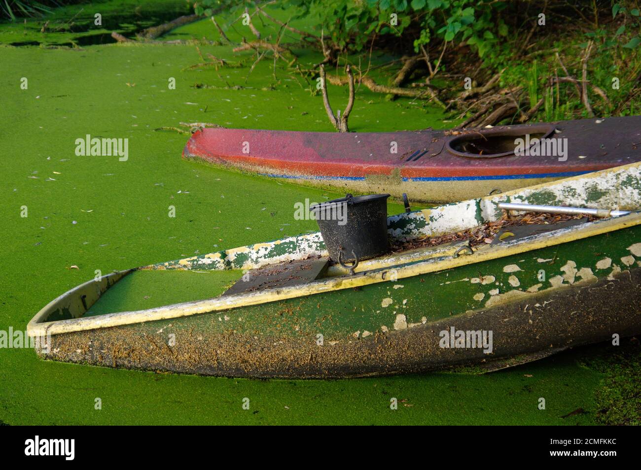 Vieux canoë et une botte en bois sur l'étang avec le seau Banque D'Images