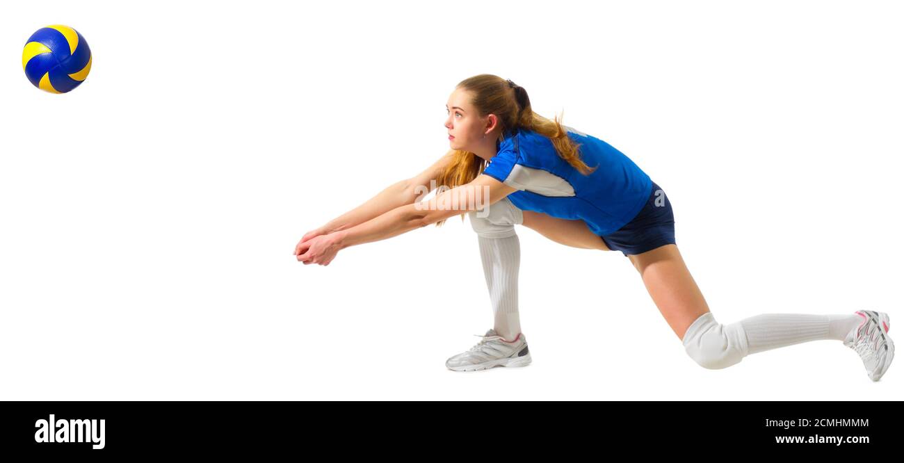 Jeune femme joueur de volley isolé (avec ver de balle) Banque D'Images