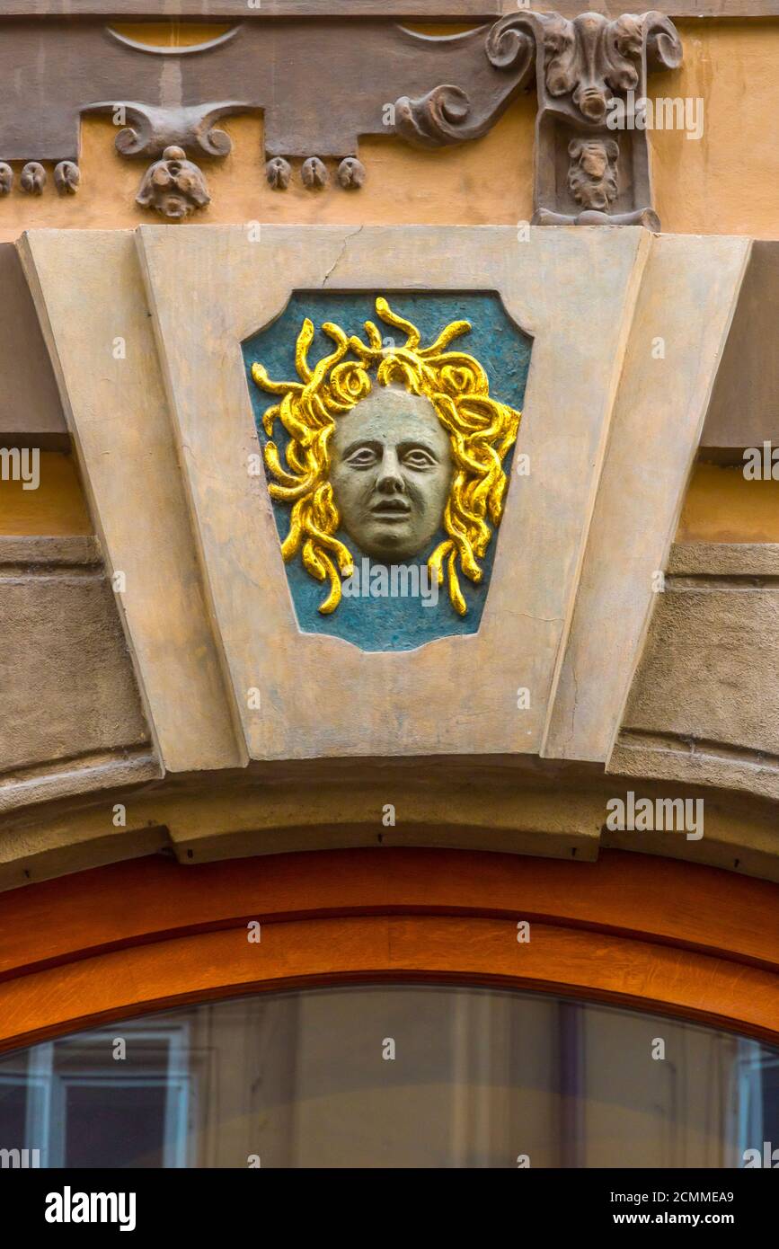 République tchèque, Prague, Mala Strana, Nerudova, numéro 14, Maison Valkoun, panneau de la Maison Medusa Banque D'Images