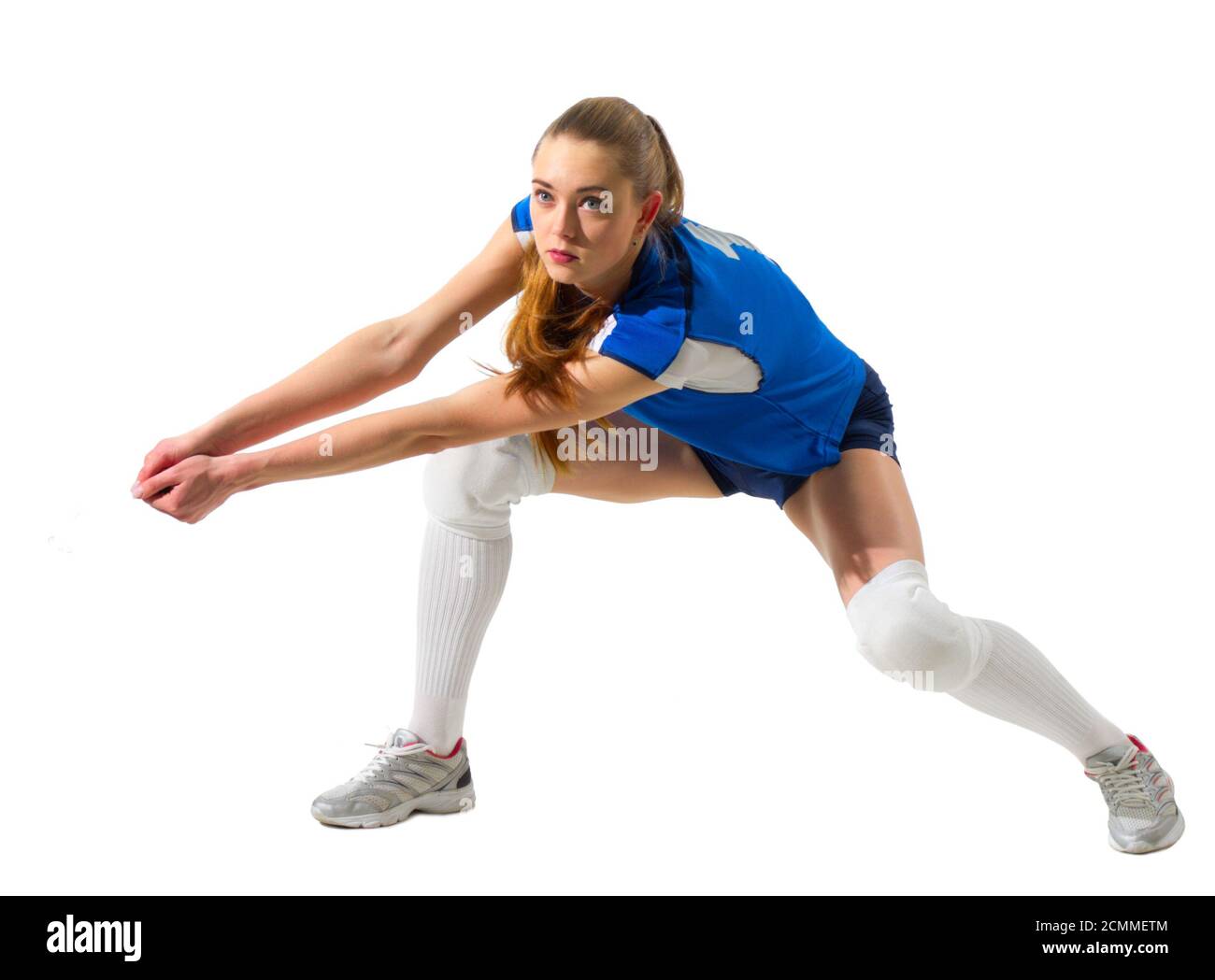 Jeune femme joueur de volley isolé (sans version ballon) Banque D'Images