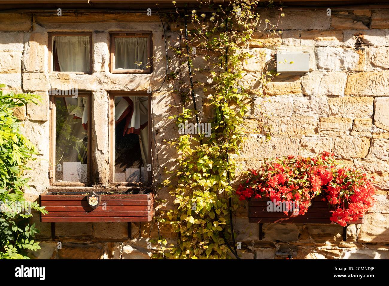 Fenêtre sur une chambre au château Lumley dans le comté de Durham, Angleterre. La fortification du XIVe siècle est un bâtiment classé Grade I et un hôtel quatre étoiles. Banque D'Images