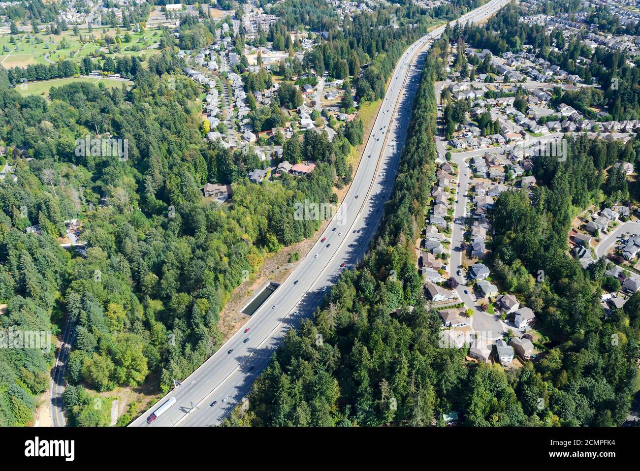 Autoroute auxiliaire Interstate Highway 405 dans l'État de Washington, États-Unis. Vue aérienne de l'autoroute à plusieurs voies avec végétation de pins autour. Banque D'Images