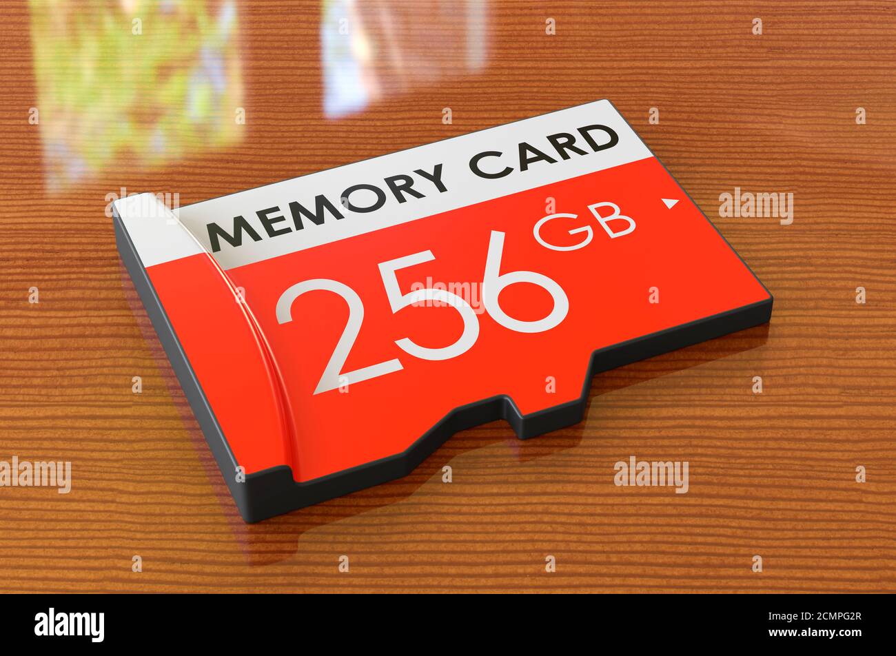 Carte mémoire 256 Go sur la table en bois. Rendu 3D Banque D'Images