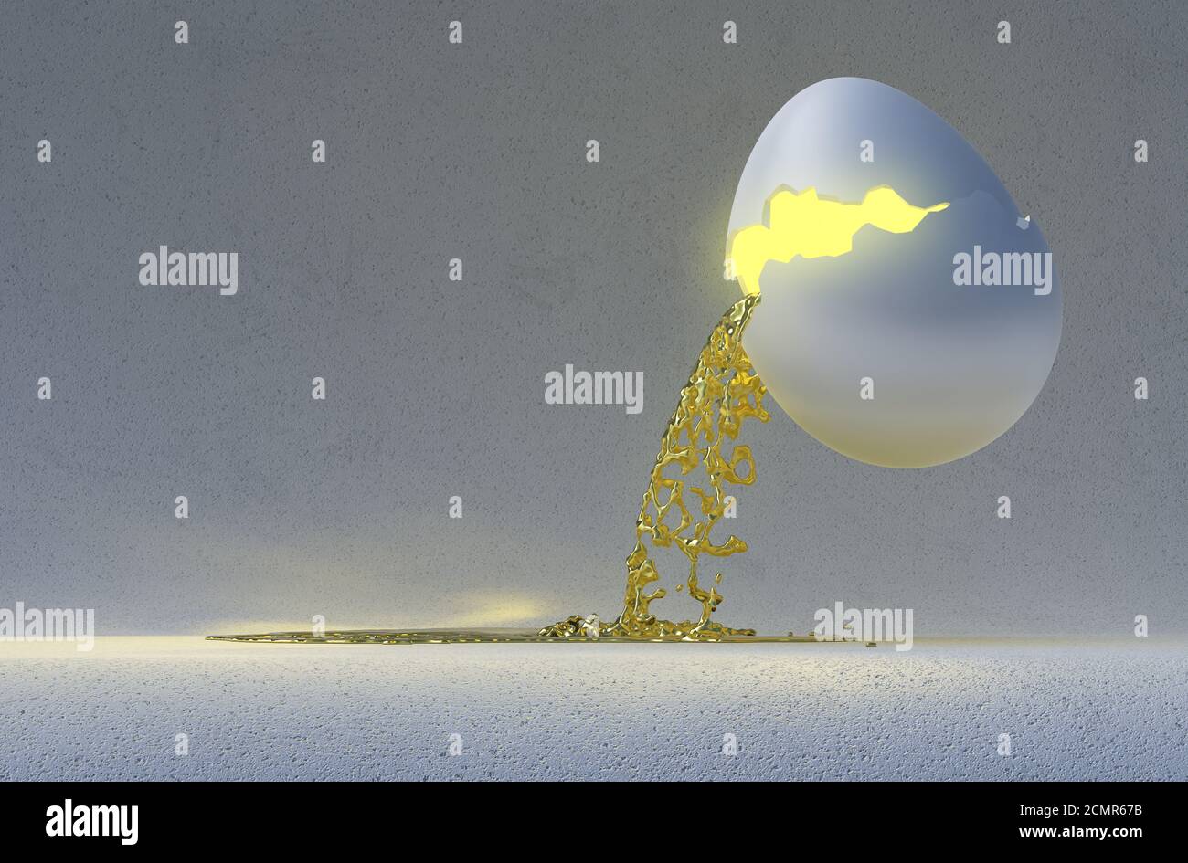 Verser de l'or liquide de la casse d'un Œuf de Pâques. Composition abstraite sur paroi arrière-plan. 3d illustration plan large Banque D'Images
