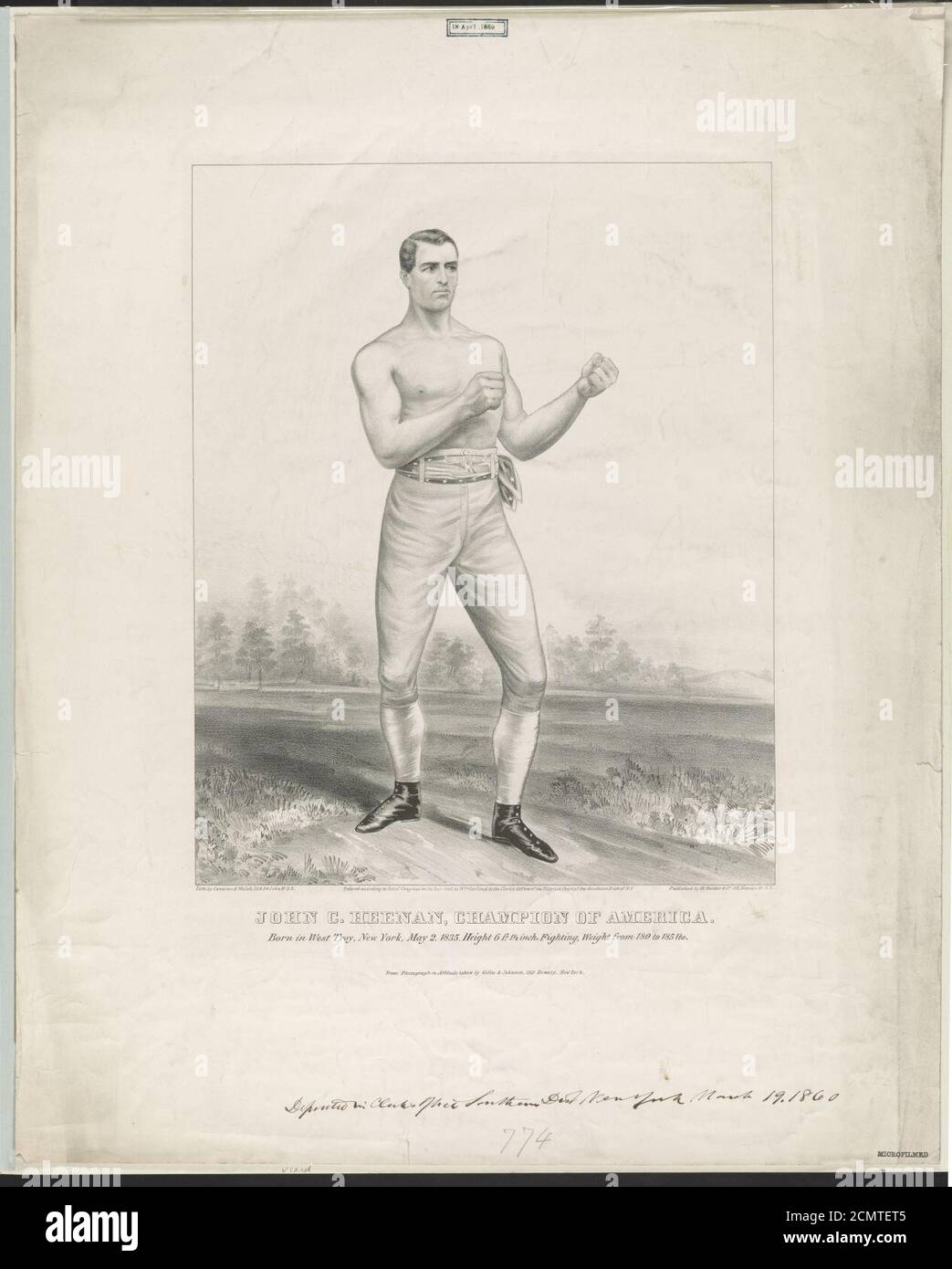 John C. Heenan, champion d'Amérique né à West Troy, New York, 2 mai 1835, hauteur 6 pi. 1 1-2 pouce, poids de combat de 180 à 185 livres Banque D'Images