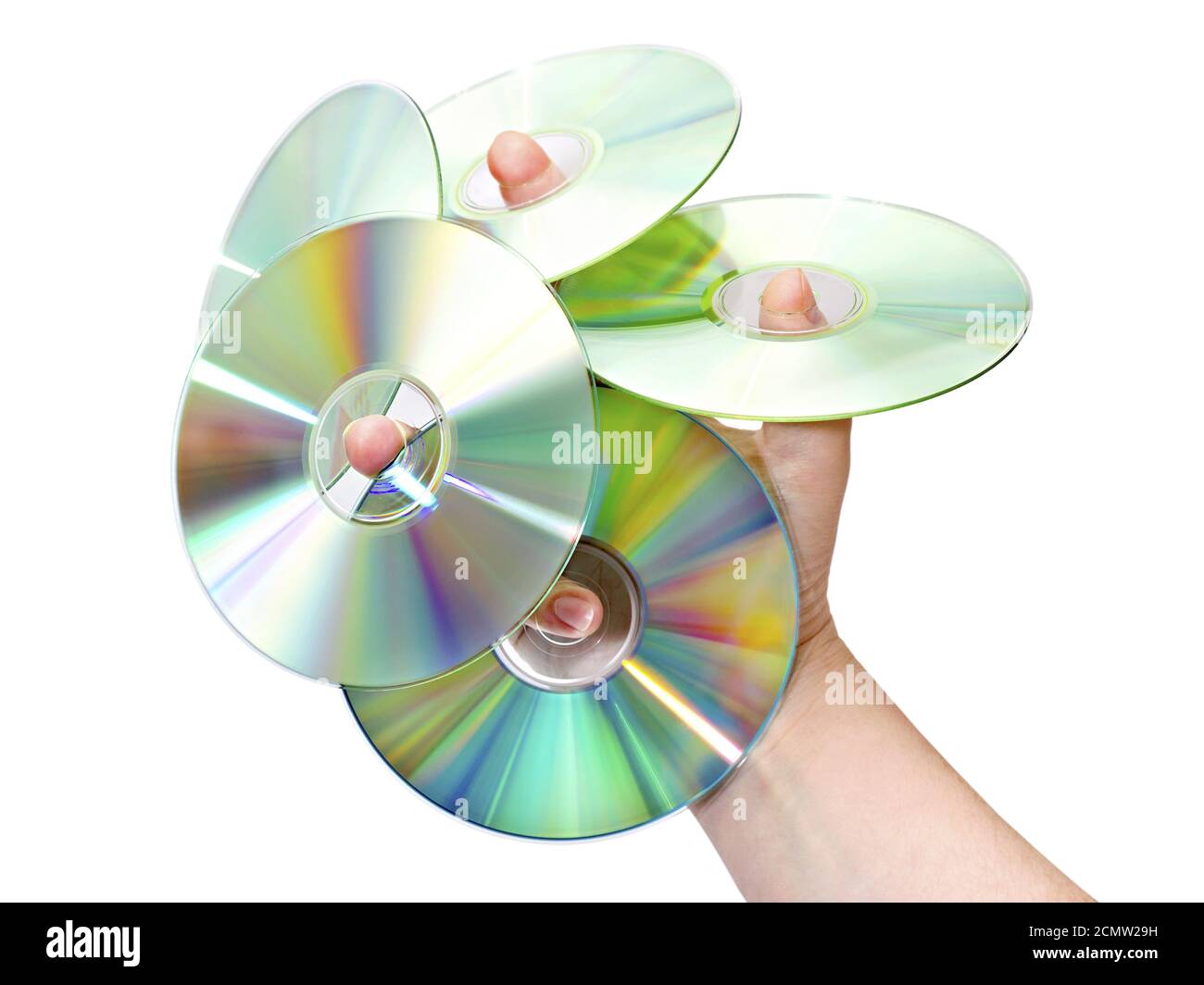La main avec un CD à mettre sur vos doigts isolé sur fond blanc Banque D'Images