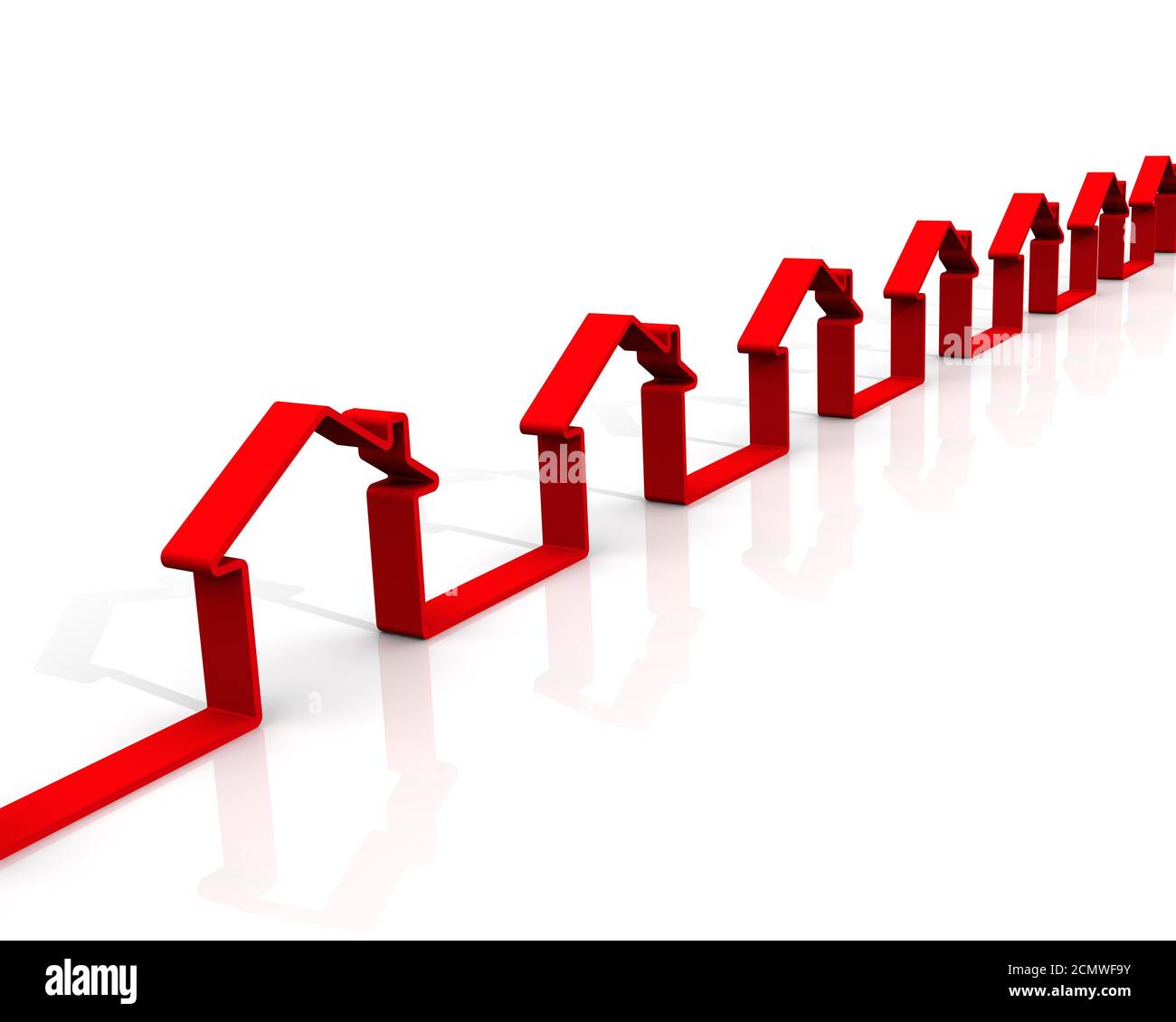 Les maisons sont situées dans une rangée. Maisons symboliques disposées en rangée sur une surface blanche Banque D'Images
