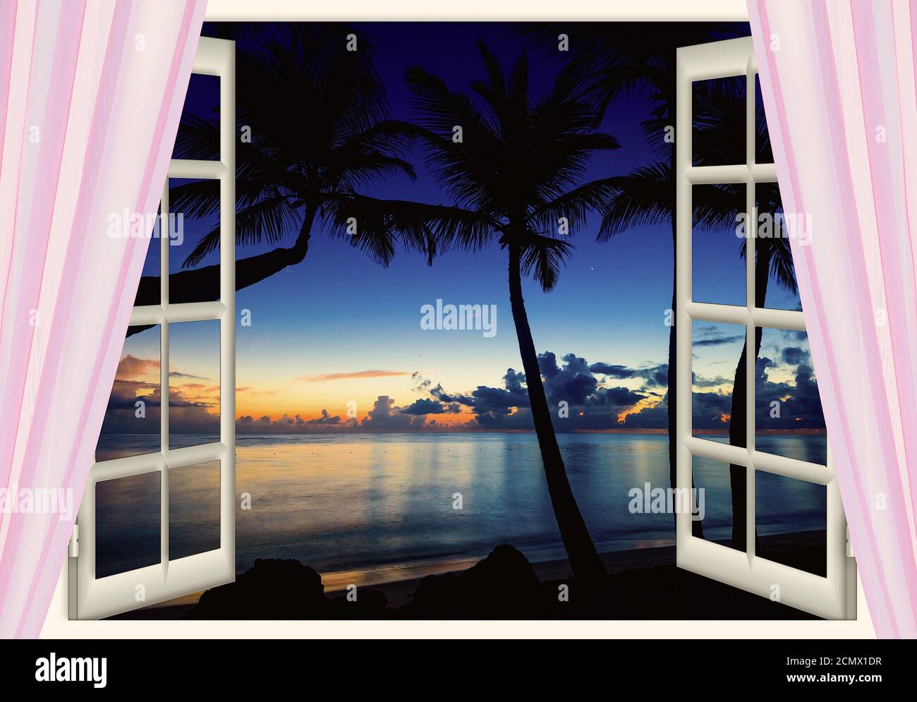 fenêtre ouverte avec vue sur la mer au coucher du soleil Banque D'Images