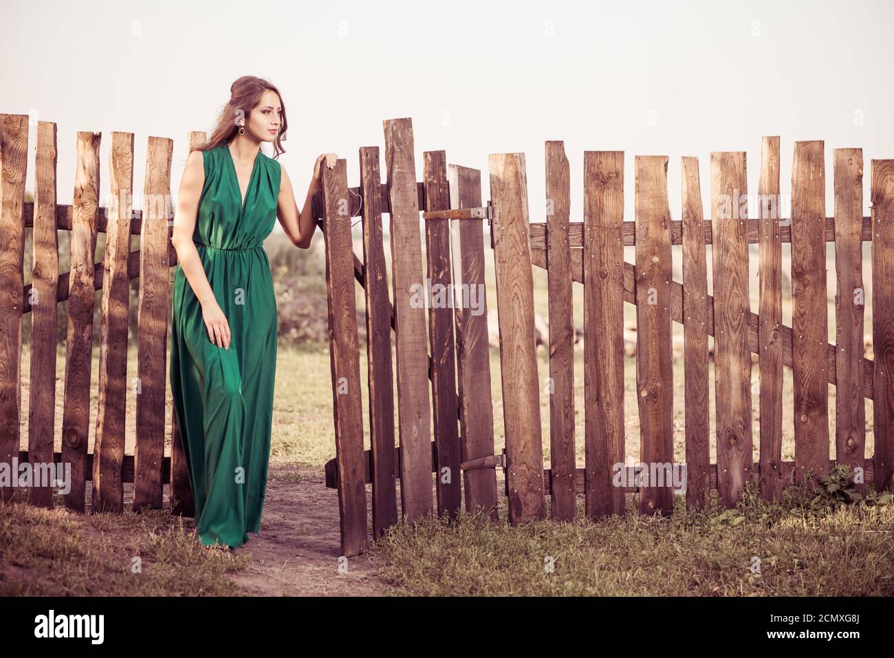 Jeune femme en robe verte à l'ancienne clôture en bois vintage Banque D'Images