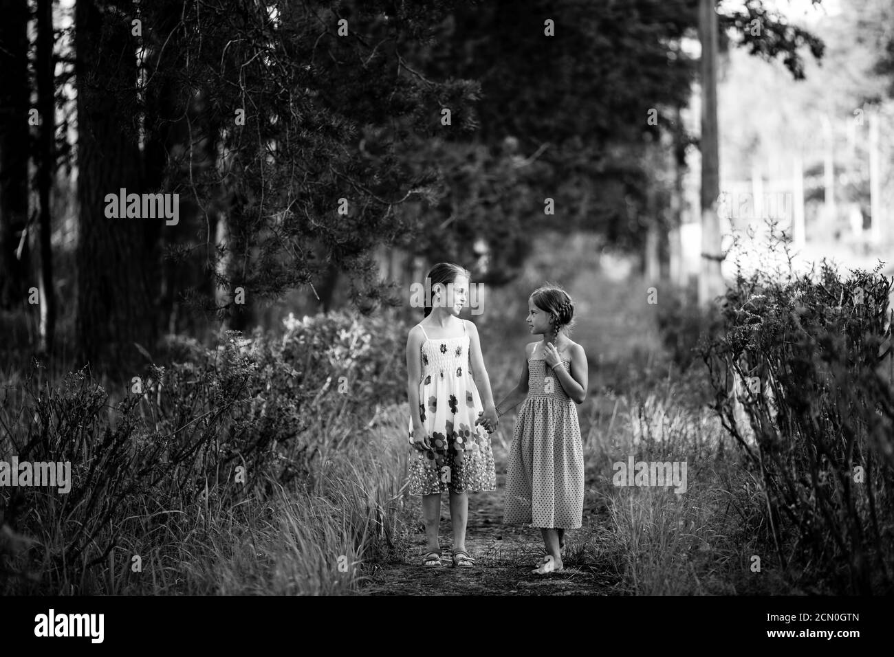 Deux filles de dix ans marchent dans le parc. Photo en noir et blanc. Banque D'Images