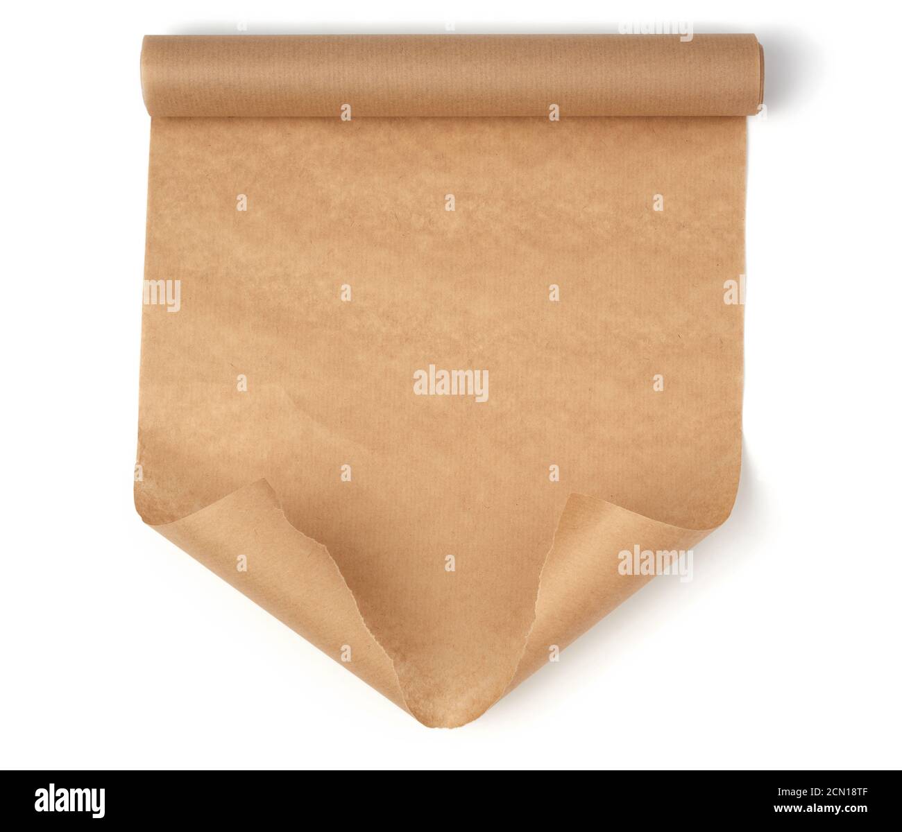 rouleau de papier parchemin brun gondolé avec bords recourbés isolés sur fond blanc Banque D'Images