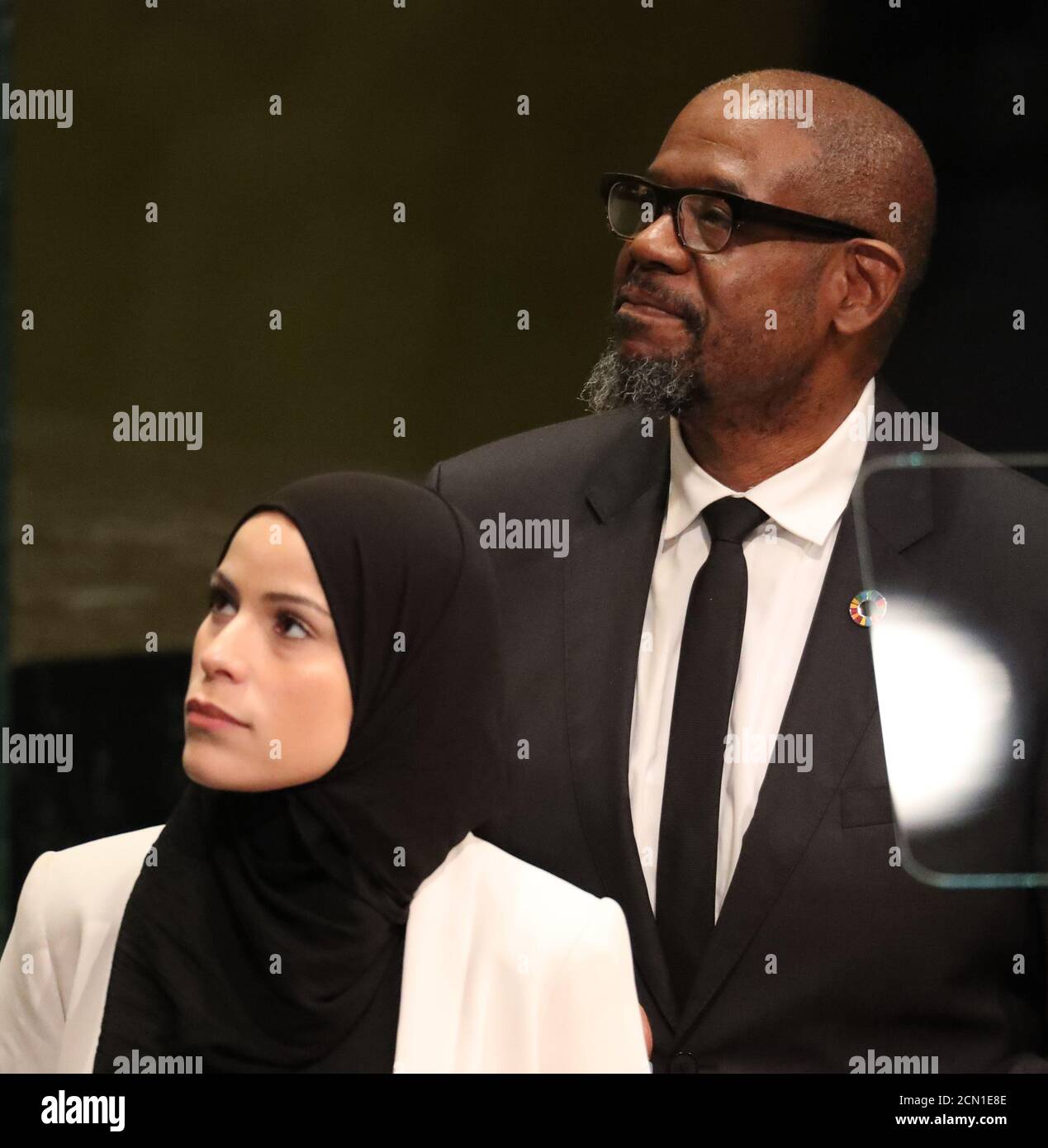 L'acteur Forest Whitaker et le Dr Alaa Murabit se font entendre lors de la  cérémonie d'ouverture de l'Assemblée générale des Nations Unies dans le  quartier de Manhattan à New York, aux États-Unis,