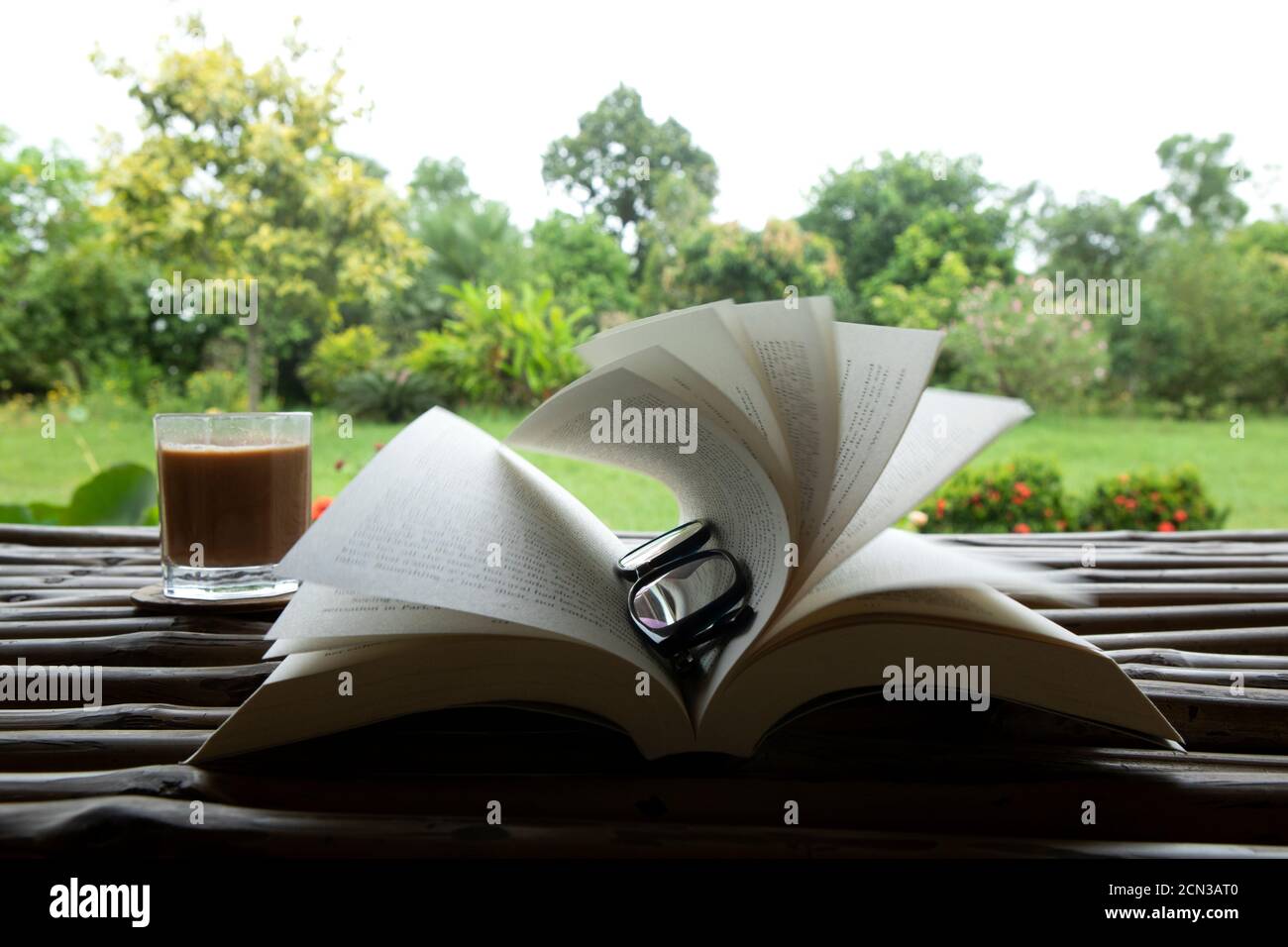 thé dans un verre avec un livre et un spectacle sur une table en bambou dans un beau jardin vert un matin venteux de mousson Banque D'Images