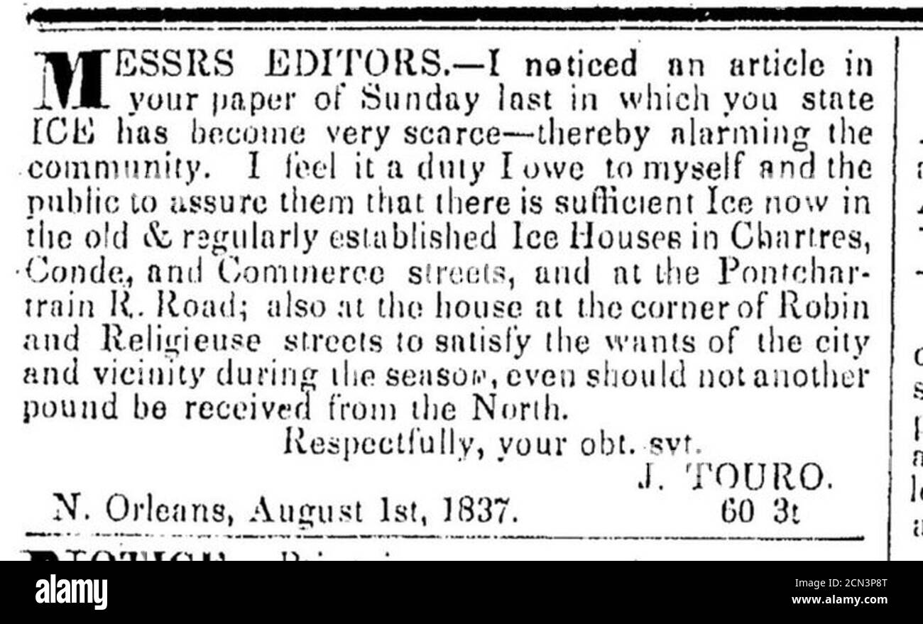 Lettre de glace Judah Touro août 1837. Banque D'Images