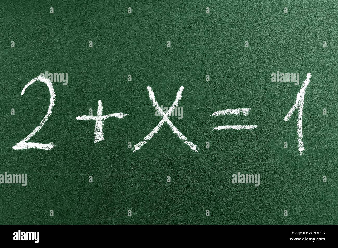 Équation mathématique délicate sur le tableau vert de l'école. Écriture d'équations mathématiques simples. Éducation et apprentissage Banque D'Images