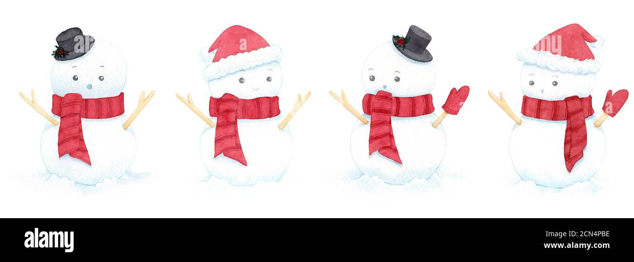 Adorable bonhomme de neige de noël portant chapeau et foulard sur fond blanc. Ensemble d'illustrations aquarelles. Peinture pour la décoration dans la publicité d'hiver. Banque D'Images