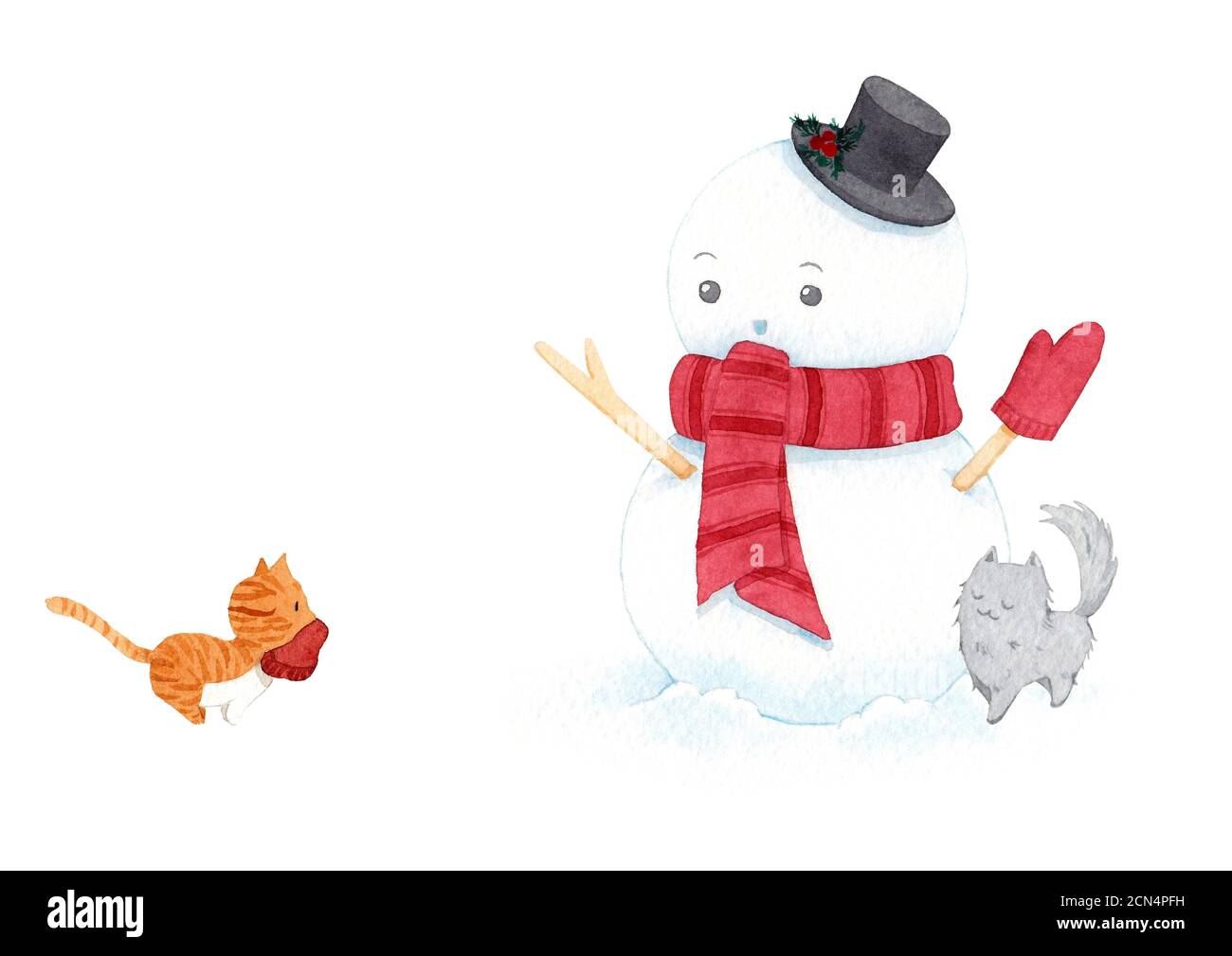 Adorable bonhomme de neige de noël portant chapeau et foulard et chat sur fond blanc. Illustrations aquarelles. Peinture pour la décoration dans la publicité d'hiver. Banque D'Images