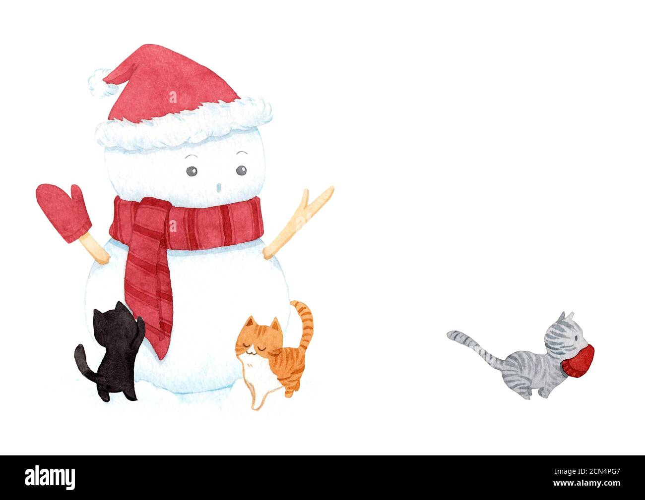 Adorable bonhomme de neige de noël portant chapeau et foulard et chat sur fond blanc. Illustrations aquarelles. Peinture pour la décoration dans la publicité d'hiver. Banque D'Images