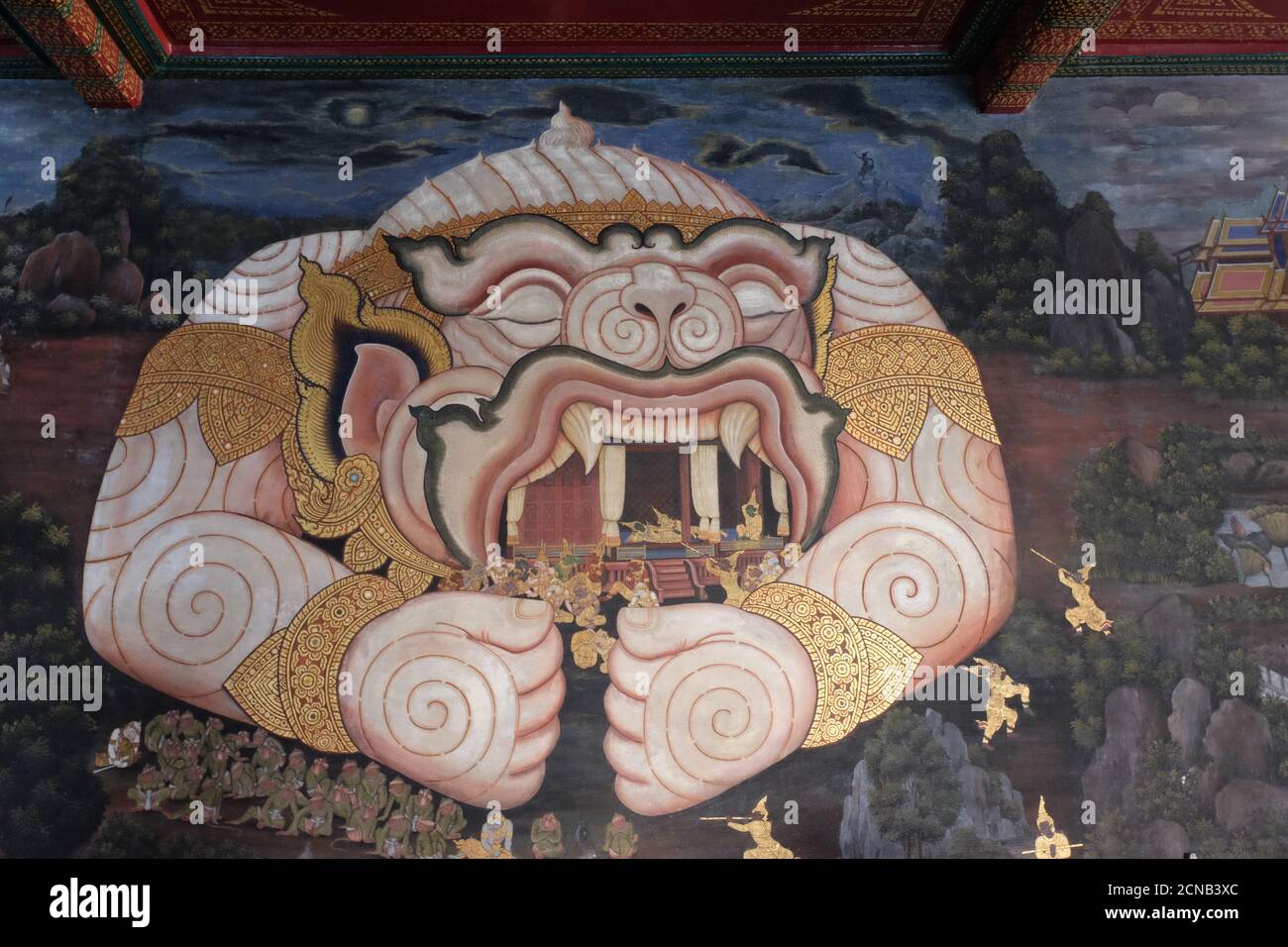 Bangkok, Thaïlande, 27 décembre 2018. Dessin mural vintage représentant un monstre dévorant des gens. Illustration de Ramayana. Banque D'Images