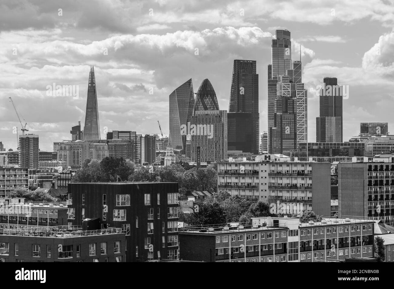 Horizon de Londres, Angleterre, Royaume-Uni vu de Tower Hamlets, y compris le Shard, Cheesegrater, Walkie Talkie et le Gherkin.en monochrome. Banque D'Images