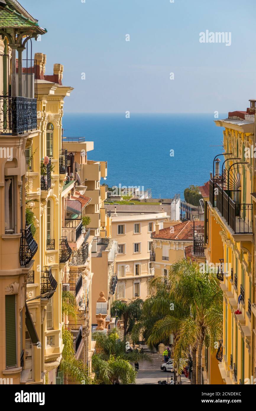 Vue de Beausoleil jusqu'aux bâtiments historiques du quartier de Monte Carlo, Monaco, Côte d'Azur, Côte d'Azur, Méditerranée, Europe Banque D'Images