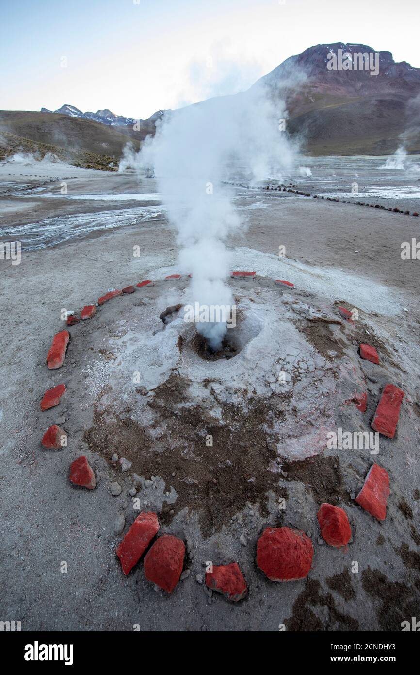 Geysers del Tatio (El Tatio), le troisième plus grand champ de geyser au monde, la zone volcanique centrale andine, région d'Antofagasta, Chili Banque D'Images
