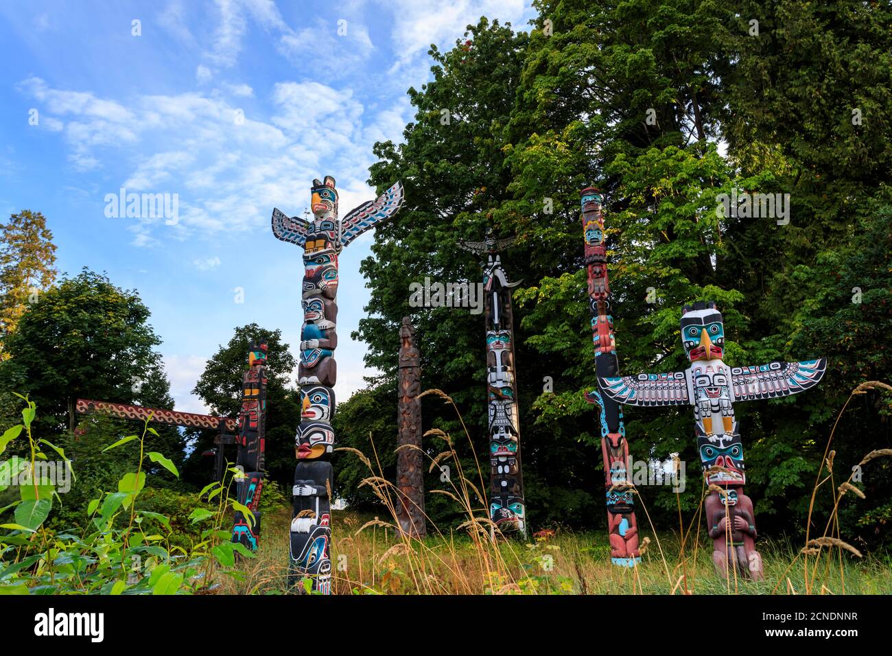 Totem Poles de la première nation, Brockton point, Stanley Park, automne, Vancouver City, Colombie-Britannique, Canada Banque D'Images