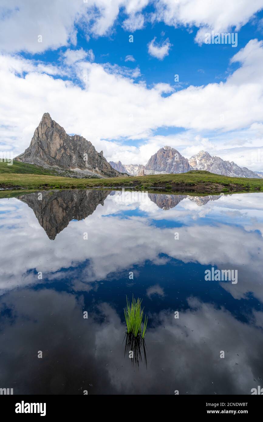 Les montagnes RA Gusela et Tofane se reflétaient dans l'eau, le col de Giau, les Dolomites, la province de Belluno, la Vénétie, l'Italie, l'Europe Banque D'Images