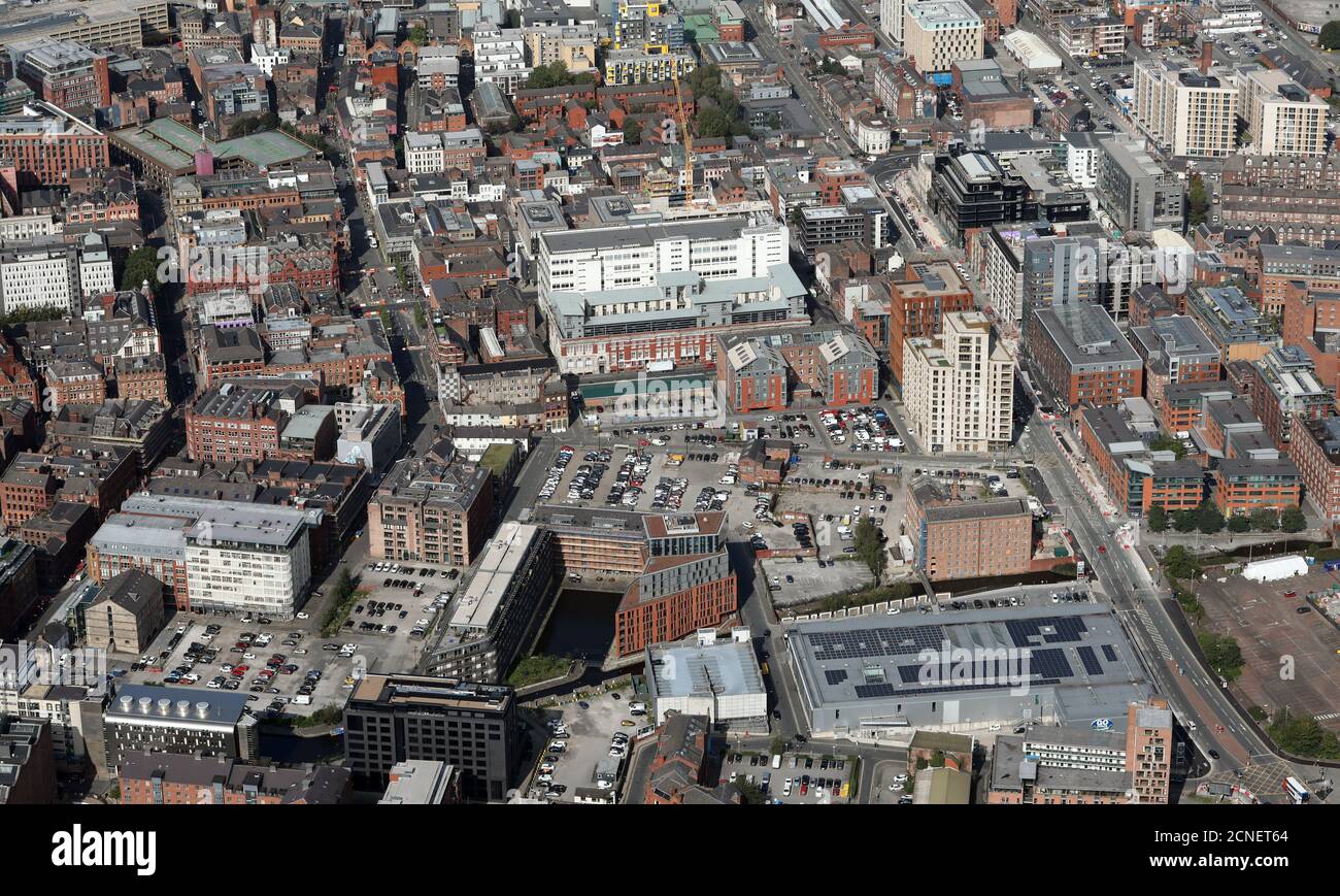 Vue aérienne de Piccadilly Basin, du parking et de CitiPark 1 Port Street dans le centre-ville de Manchester, septembre 2020 Banque D'Images