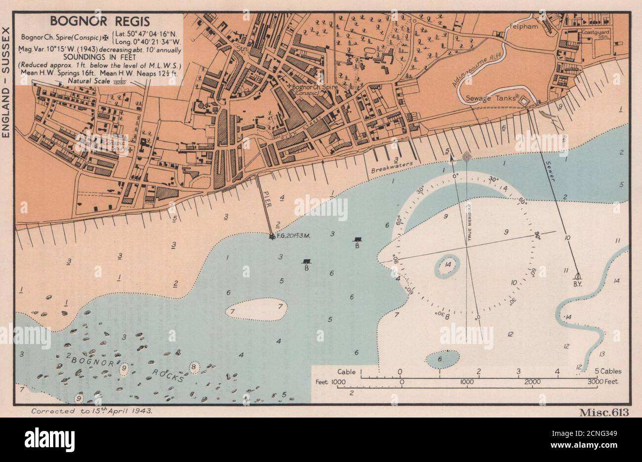 Plan de la ville de Bognor Regis et carte de la côte de mer. Sussex. ADMIRALTY 1943 vieille carte Banque D'Images Plan de la ville de Bognor Regis et carte de la côte de mer. Sussex. ADMIRALTY 1943 vieille carte Banque D'Images