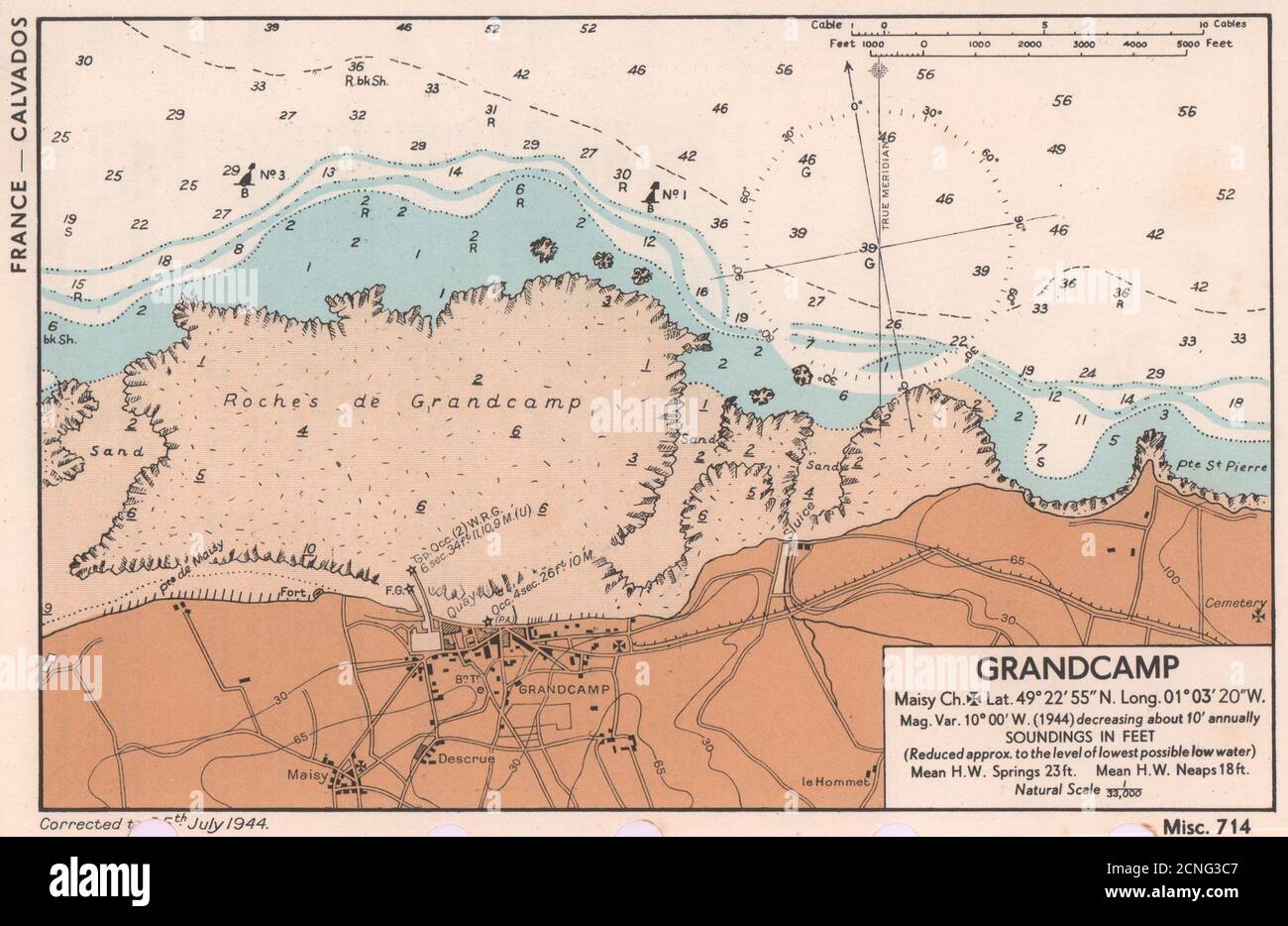 Grand camp. Plan de la ville de Maisy et carte de la côte de mer. Carte de planification du jour J. AMIRAUTÉ 1944 Banque D'Images