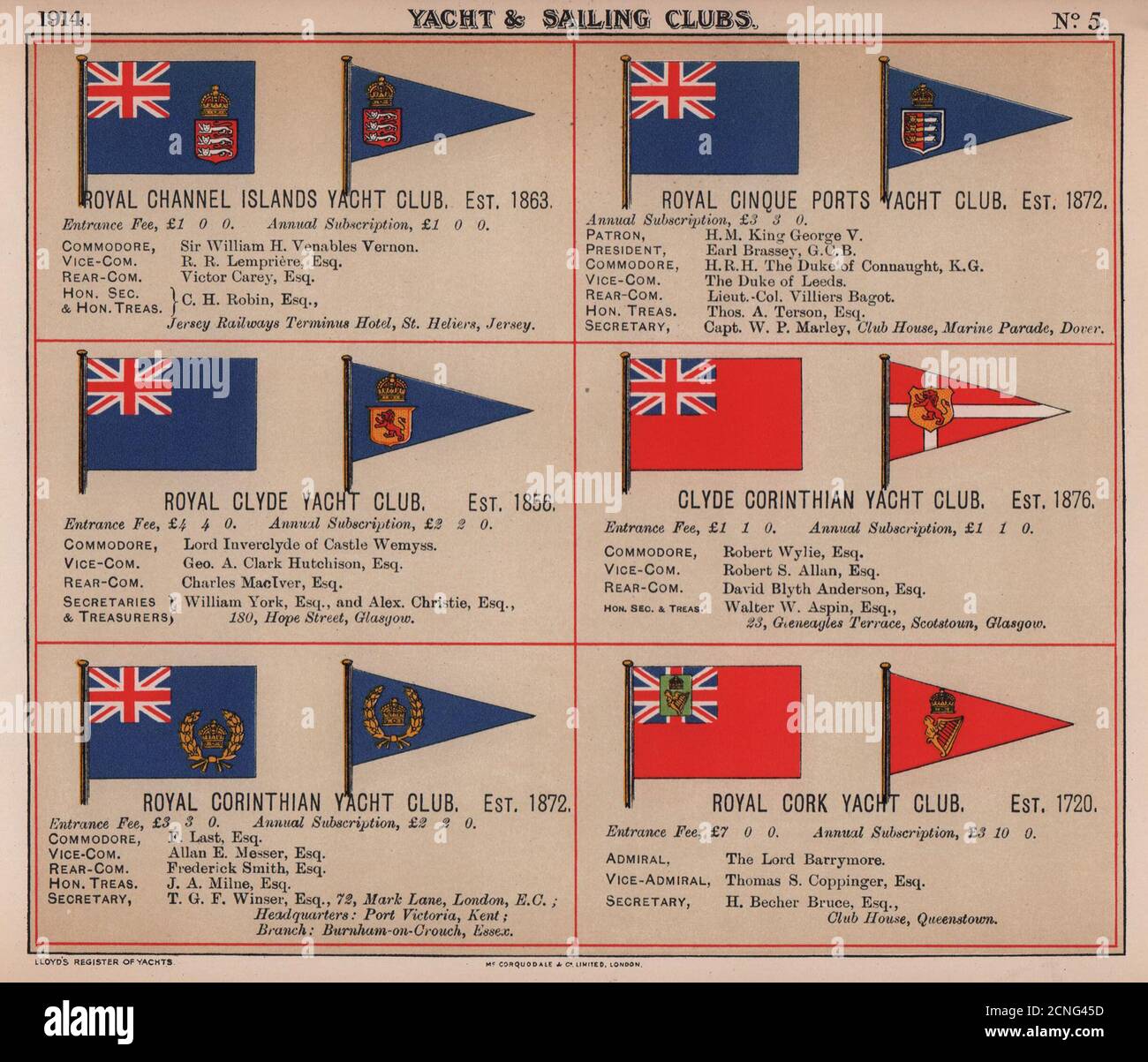 ROYAL YACHT & SAILING CLUB FLAGS C Channel Islands Cinque Ports Clyde Cork 1914 Banque D'Images