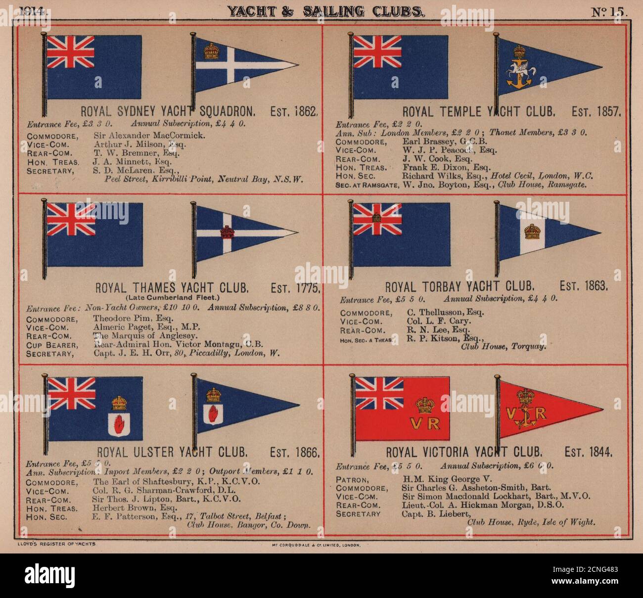 ROYAL YACHT & SAILING CLUB FLAGS S-V Sydney Temple Thames Ulster Victoria 1914 Banque D'Images