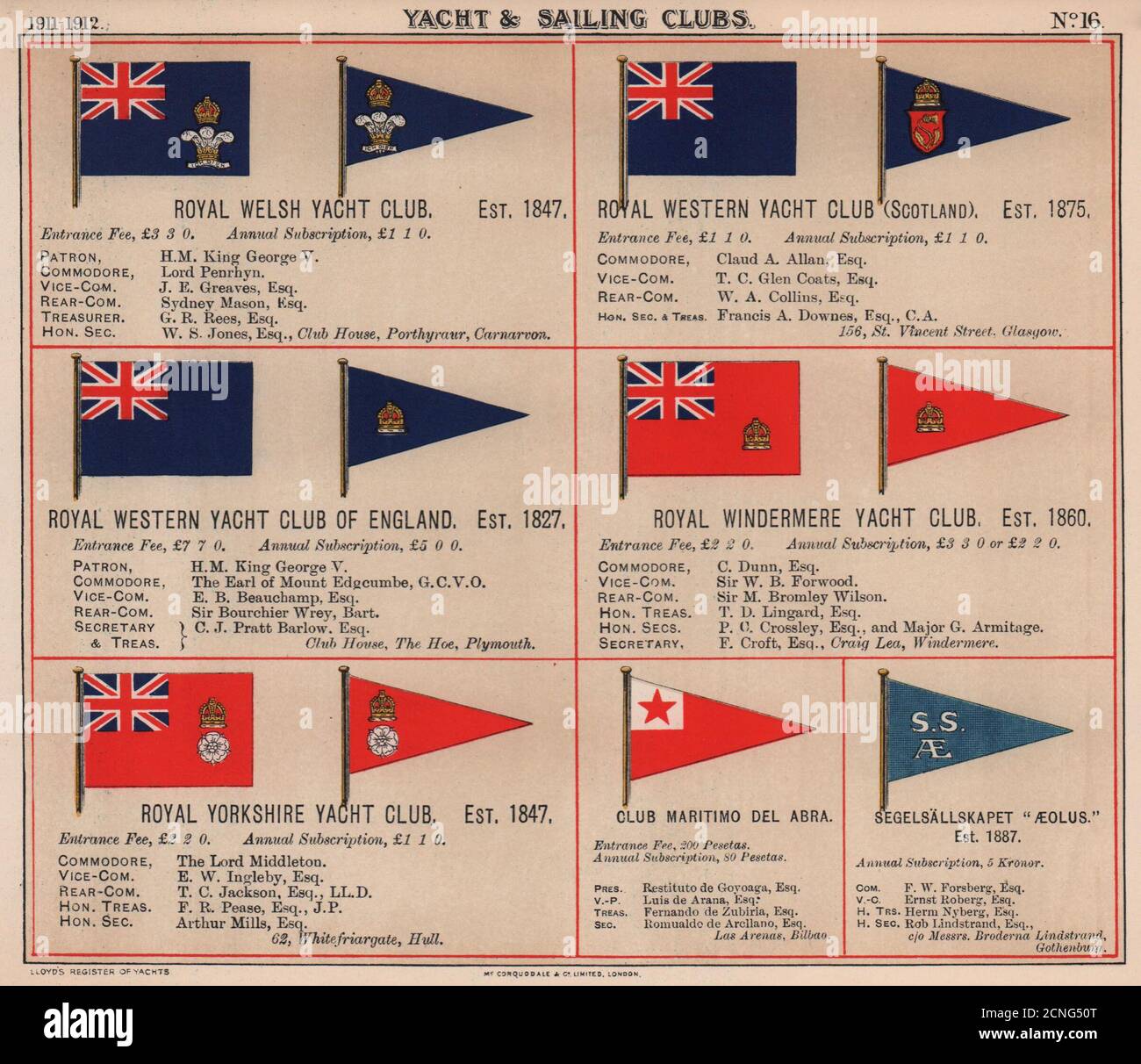 ROYAL YACHT & SAILING CLUB FLAGS W-Y Welsh Windermere Yorkshire Abra Aeolus 1911 Banque D'Images