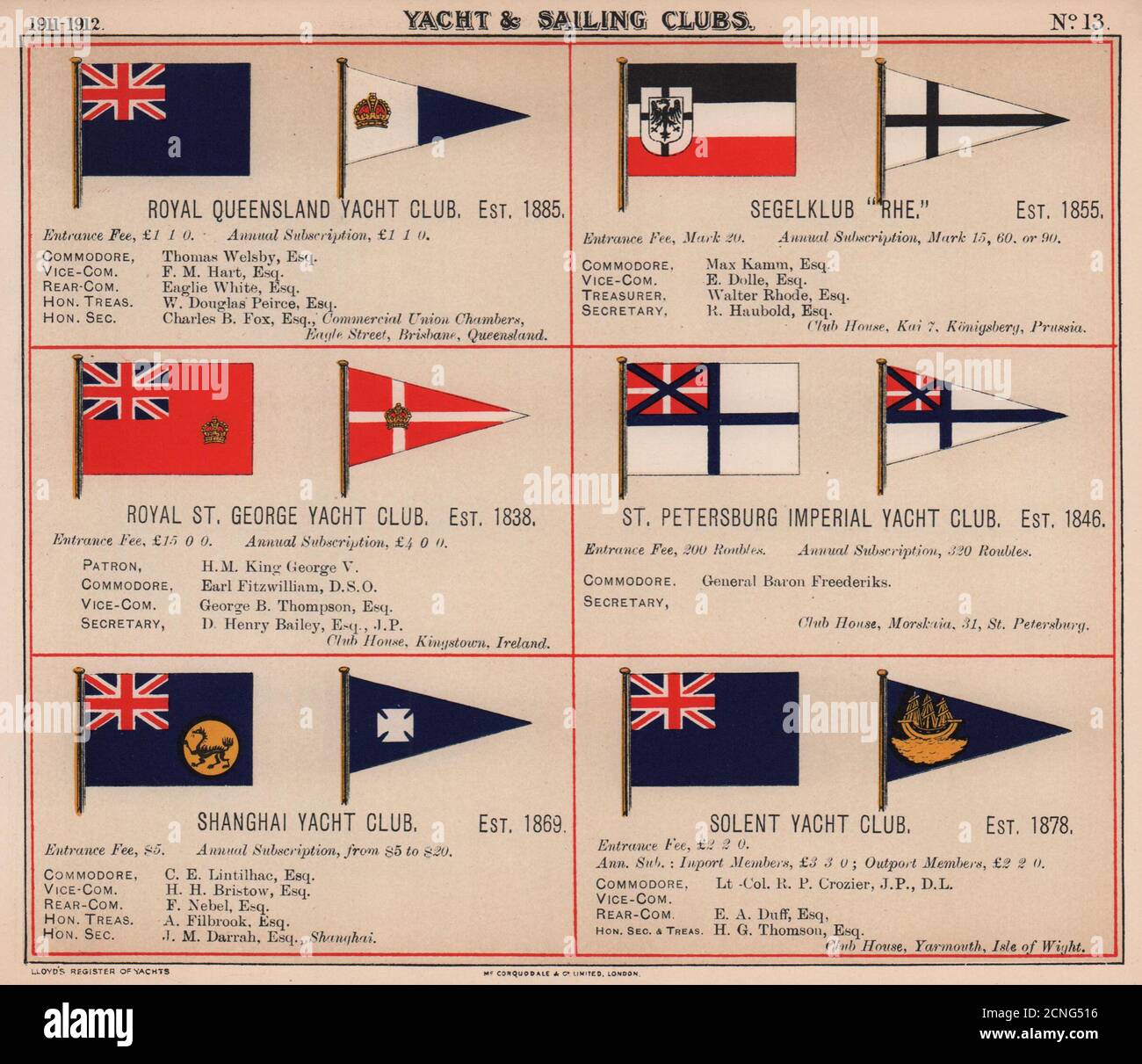 ROYAL YACHT/SAILING CLUB FLAGS Q-S Queensland St Petersburg Shanghai Solent 1911 Banque D'Images