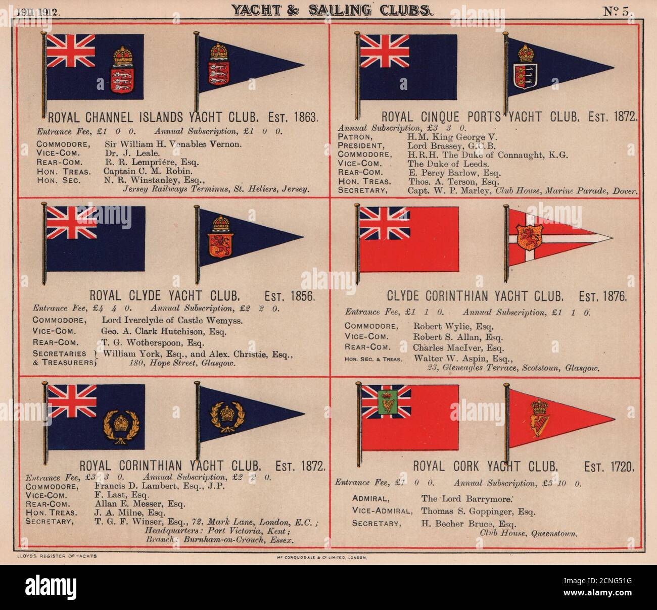 ROYAL YACHT & SAILING CLUB FLAGS C Channel Islands Cinque Ports Clyde Cork 1911 Banque D'Images