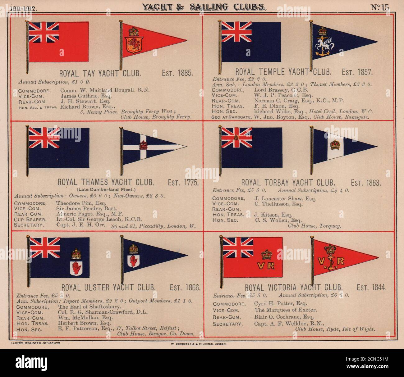 ROYAL YACHT & SAILING CLUB FLAGS T-V Tay Temple Thames Torbay Ulster 1911 Banque D'Images