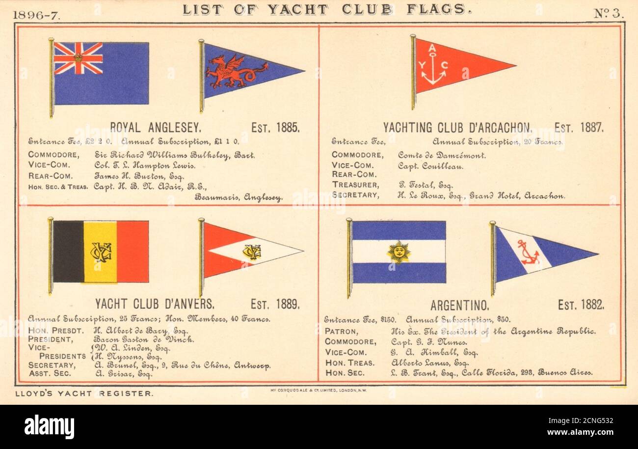 DRAPEAUX DU YACHT ET DU CLUB DE VOILE. Royal Anglesey. Arcachon. Vers. Argentino 1896 Banque D'Images