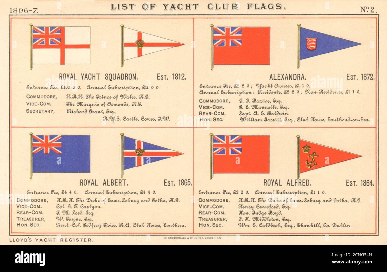 DRAPEAUX DU ROYAL YACHT & SAILING CLUB. Escadron de yacht. Alexandra. Albert. Alfred 1896 Banque D'Images