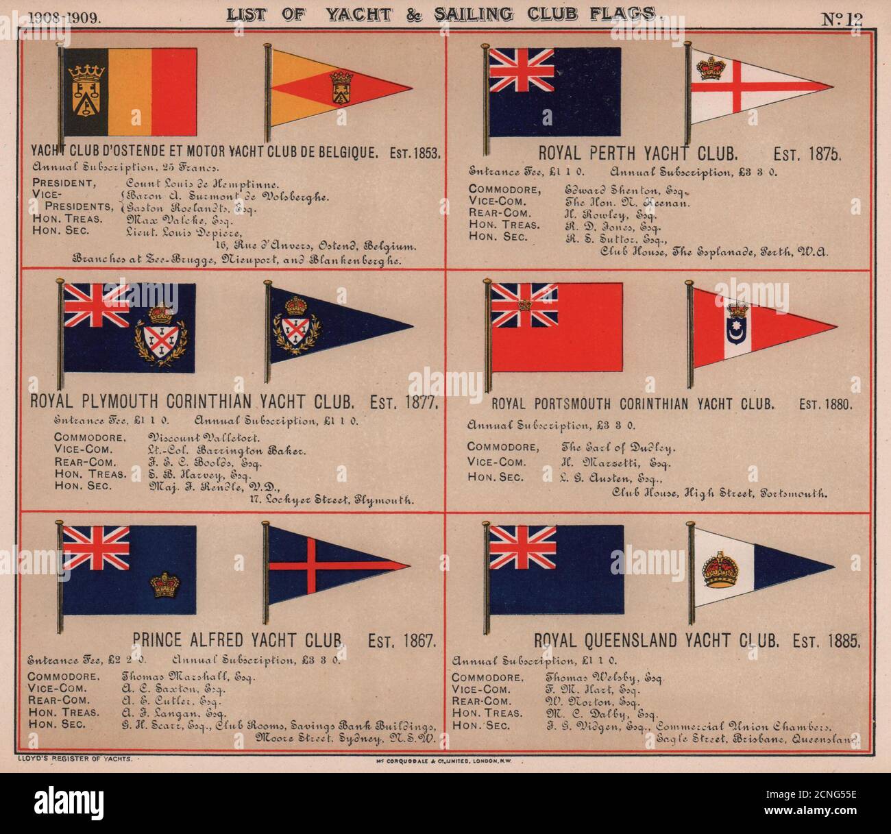 ROYAL YACHT & SAILING CLUB FLAGS O-Q Ostende Plymouth Portsmouth Queensland 1908 Banque D'Images