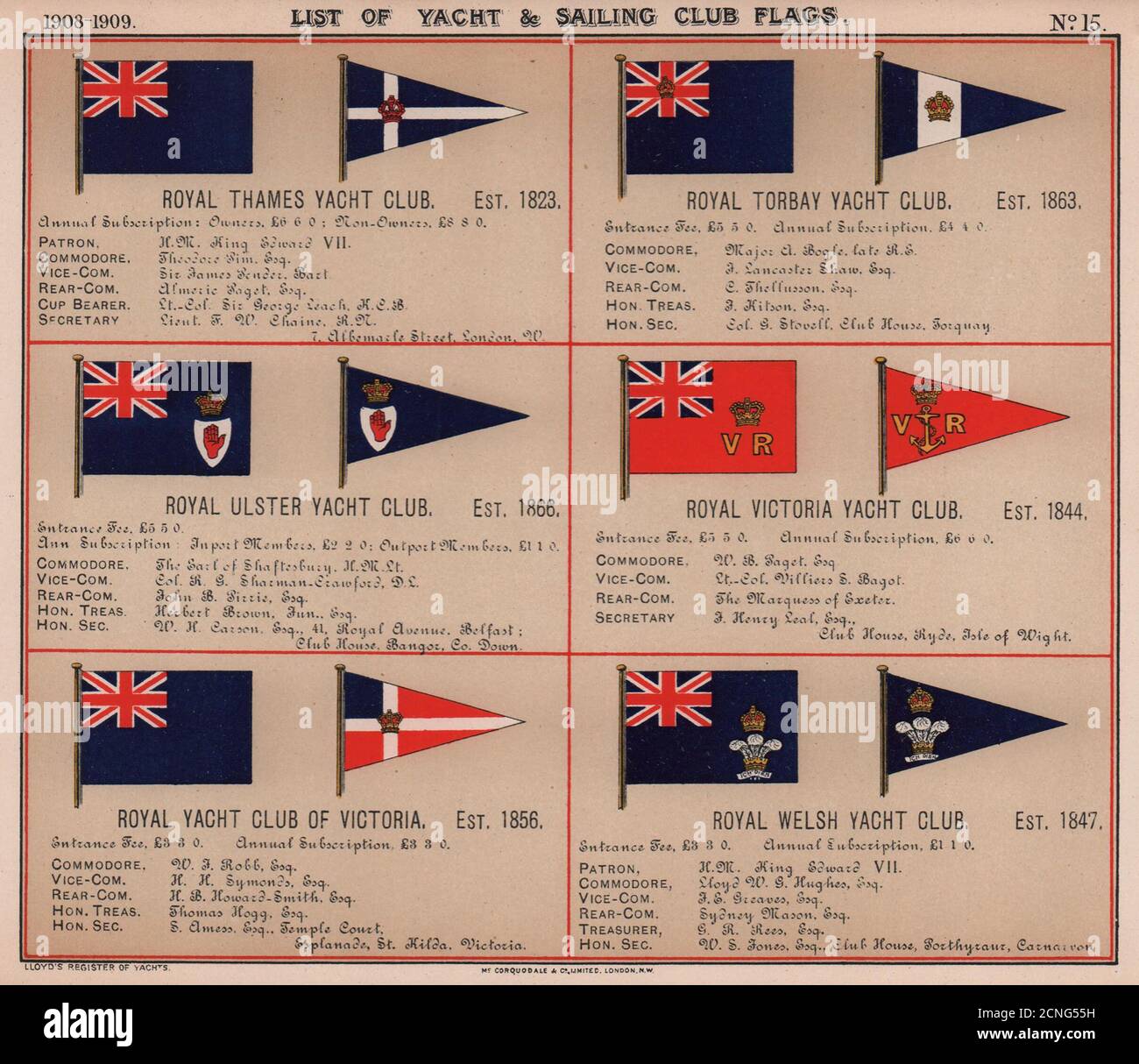 ROYAL YACHT & SAILING CLUB FLAGS T-W Thames Torbay Ulster Victoria Welsh 1908 Banque D'Images