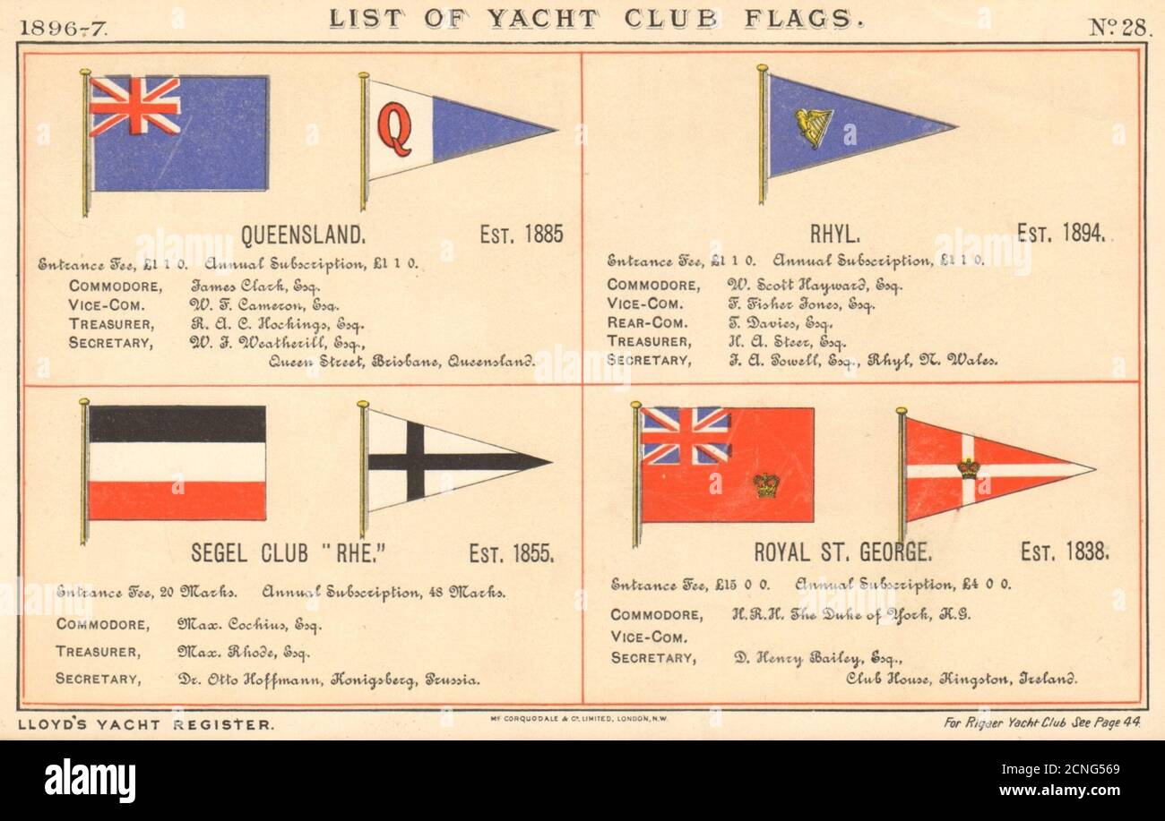 YACHT & SAILING CLUB FLAGS Queensland Rhyl Segel Club Rhe Royal St George 1896 Banque D'Images