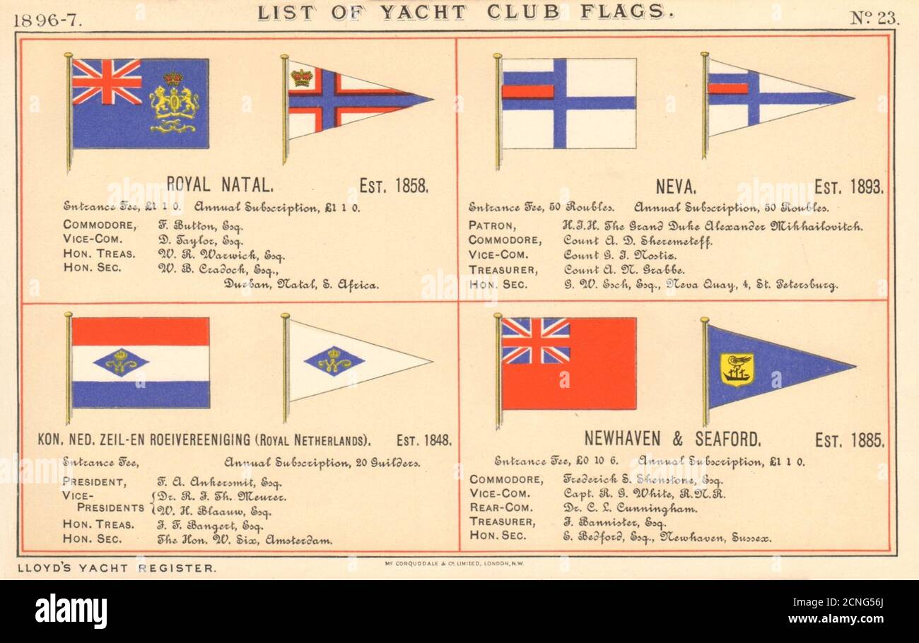 YACHT & SAILING CLUB FLAGS Royal Natal Neva pays-Bas Newhaven Et Seaford 1896 Banque D'Images