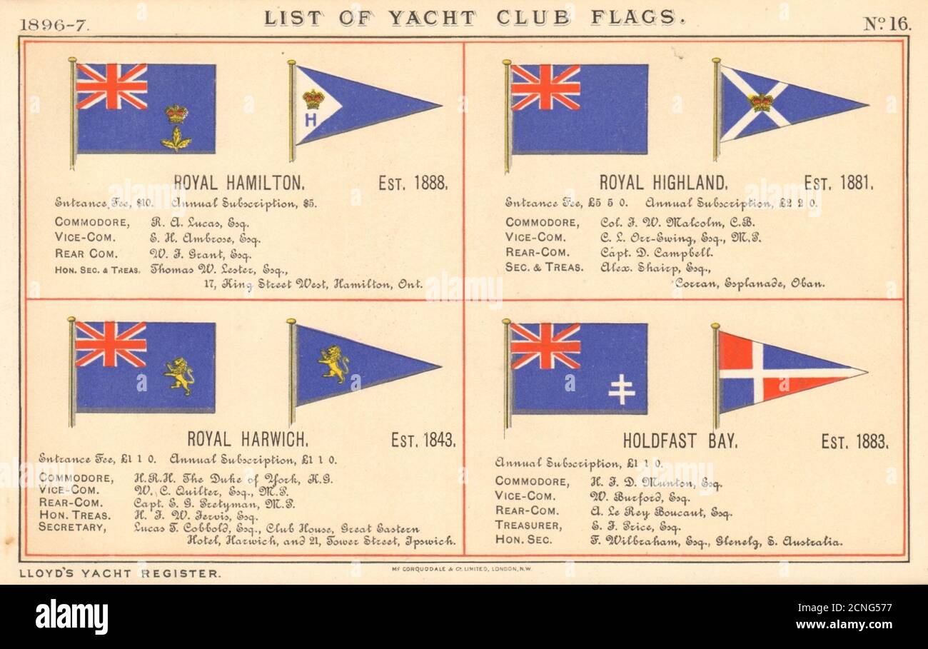 DRAPEAUX DU ROYAL YACHT & SAILING CLUB. Hamilton Highland Harwich Holdfast Bay 1896 Banque D'Images
