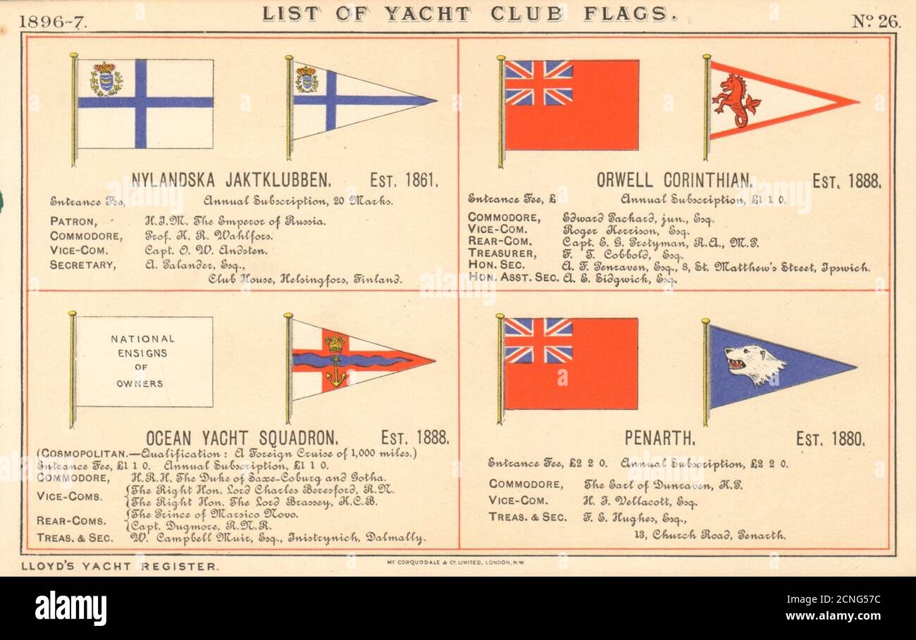 YACHT/CLUB DE VOILE DRAPEAUX Nylandska Orwell Escadron de l'océan Corinthe Penarth 1896 Banque D'Images