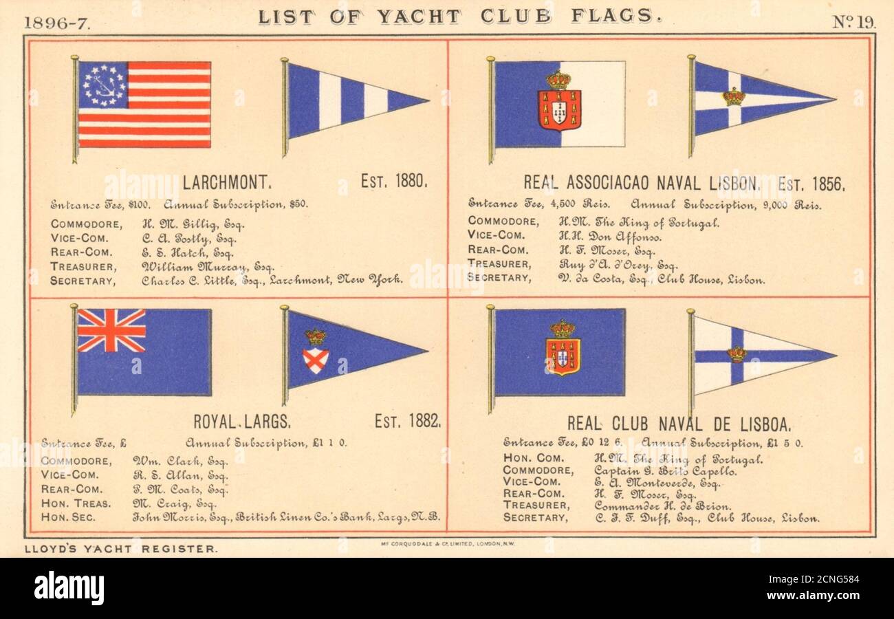 DRAPEAUX DU YACHT ET DU CLUB DE VOILE. Larchmont. Marine Lisbonne. Royal Largs. Lisbonne 1896 Banque D'Images