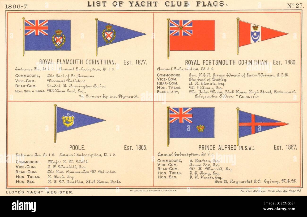 BATEAU/CLUB DE VOILE DRAPEAUX Royal Plymouth/Portsmouth Corinthian Poole Alfred 1896 Banque D'Images